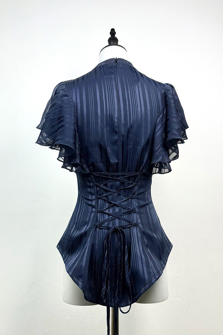 Blue Ruffled Bow Gothic Japanese Lolita Blouse - Product - 5