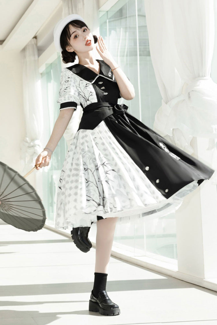 Black/White Stitching Chinese Style Bamboo Print High Waisted Sweet Lolita Dress - Product - 4