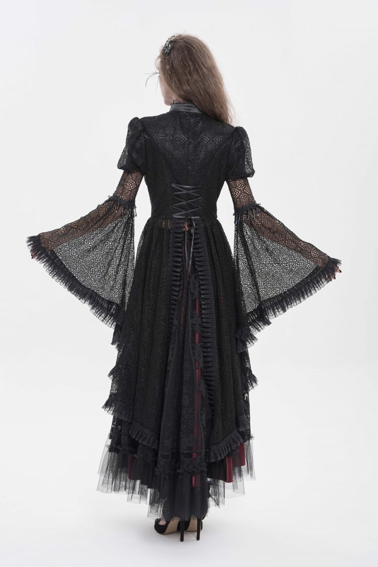 Black Stand Collar Long Trumpet Beaded Sleeves Cut-Out Bow Lace Women's Gothic Blouse - Product - 12