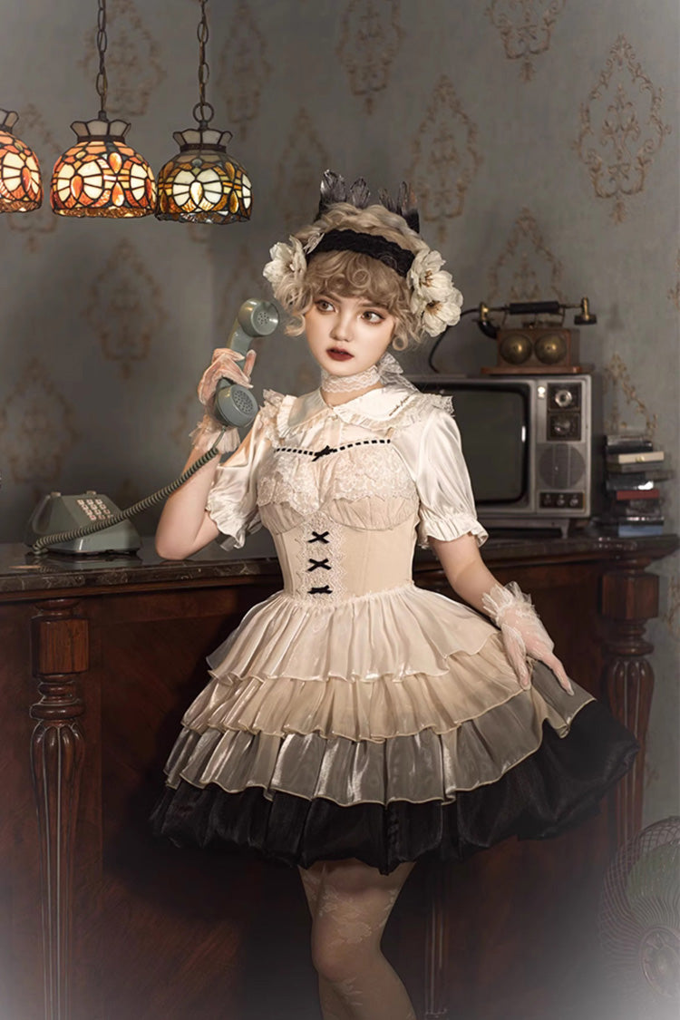 Multi-Color Paris Sunset Waist Fishbone Small Flying Sleeves Tiered Ruffle Sweet Lolita JSK Dress - Product - 5