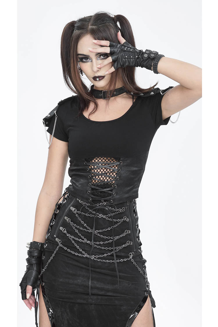 Black Cutout Mesh Short Sleeve Crop Womens Punk Top - Product - 2