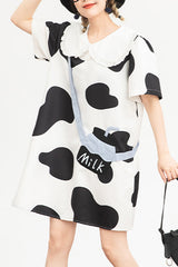 Black/White Doll Collar Short Sleeves Milk Cow Print Sweet Lolita Dress - Black/White - 1