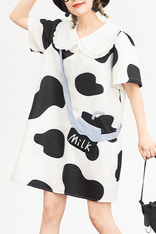 Black/White Doll Collar Short Sleeves Milk Cow Print Sweet Lolita Dress - Black/White - 1