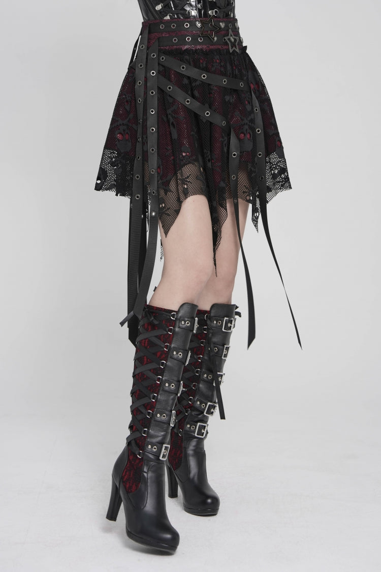 Black/Red Double-Layered Lace Lace-Up Irregular Mesh Eyelet Women's Punk Skirt - Product - 9