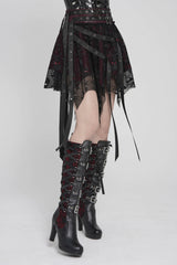 Black/Red Double-Layered Lace Lace-Up Irregular Mesh Eyelet Women's Punk Skirt - Product - 9