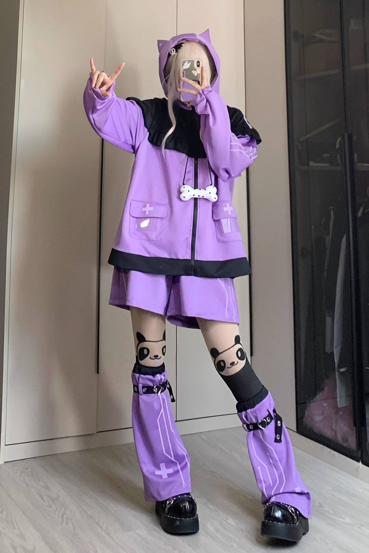 Purple Long Sleeves Cat Ears Hooded Jirai Kei Japanese Shorts Coat Set - Purple - 1