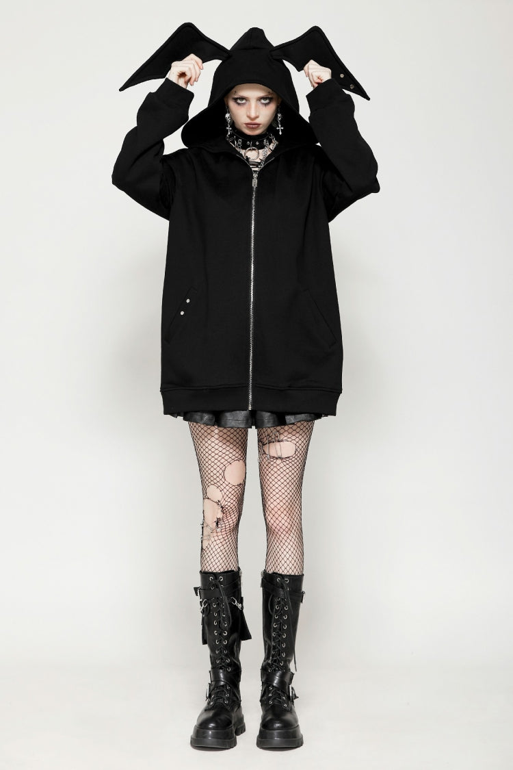 Black Long Sleeves Zippered Women's Gothic Batwing Hoodie - Product - 10
