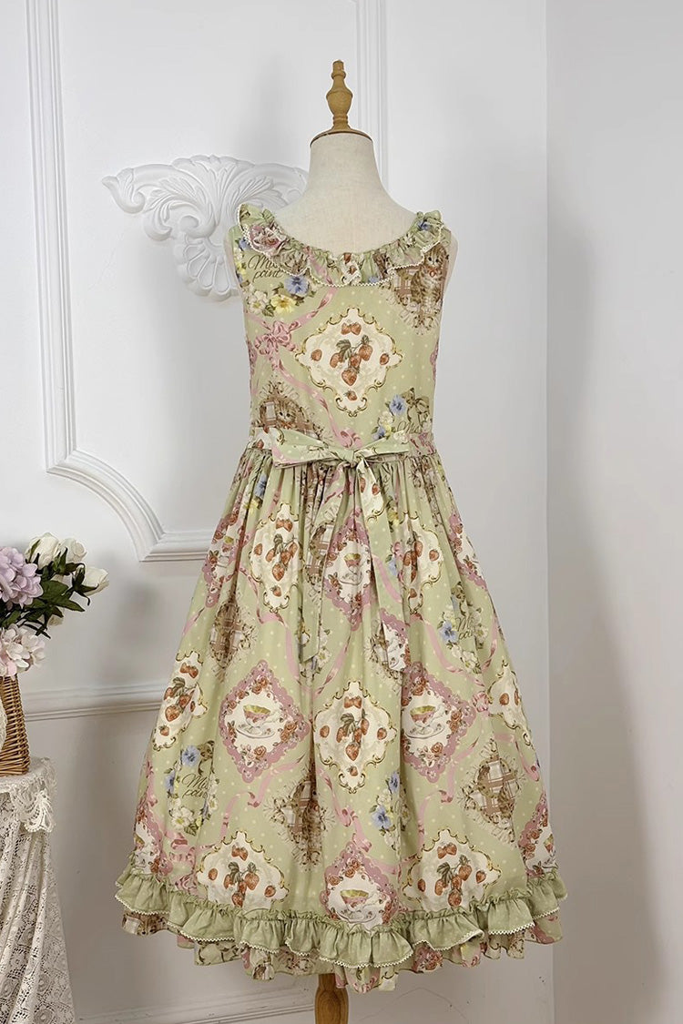 Green [Cat Rose Tea] Sleeveless Print Ruffle Bowknot Sweet Lolita Jsk Dress - Product - 10