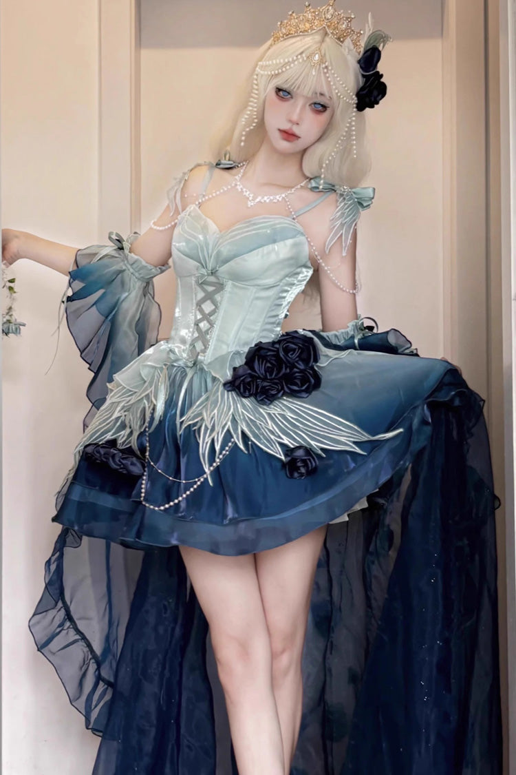 Undersea Blue [Swan Wonderland] Embroidery Bowknot Lace-Up Sweet Ballet Lolita Jsk Dress Short Version - Undersea Blue - 1