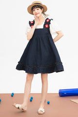 Black Denim Ruffled Strap With Flower Accessories High Waisted Sweet Lolita Strap Dress - Product - 5