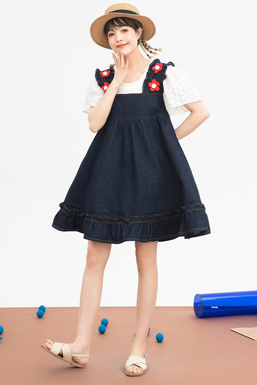Black Denim Ruffled Strap With Flower Accessories High Waisted Sweet Lolita Strap Dress - Product - 5