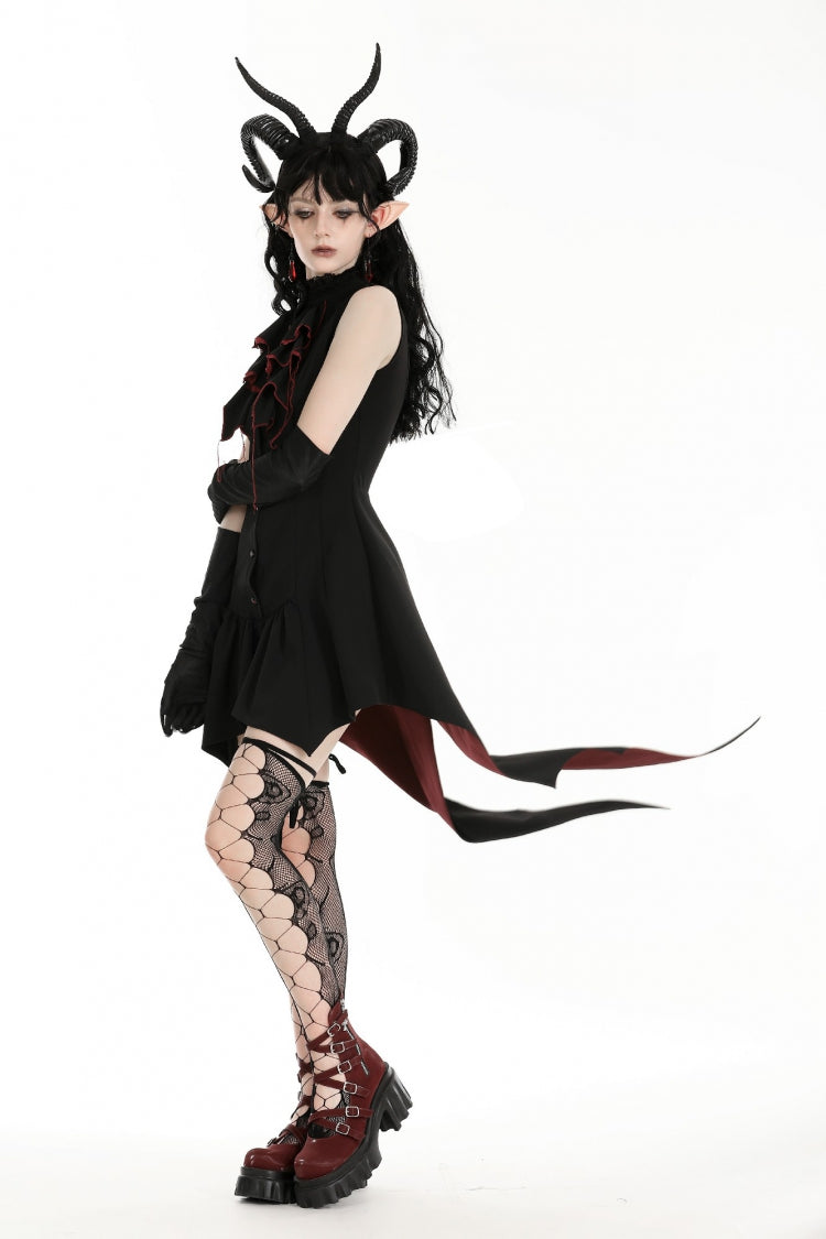 Black/Red Contrast Color Women's Gothic Ruffled Stand Collar Jabot Sleeveless Halloween Tail Dress - Product - 6