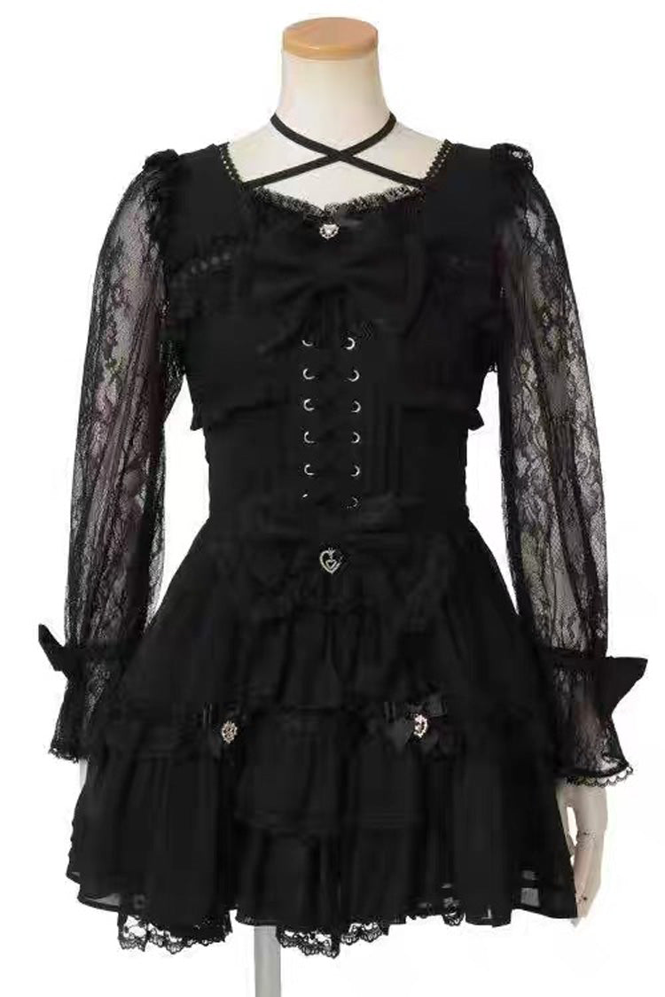 Sweet Square Collar Long Sleeves Lace Ruffle Bowknot Stitching Lace-Up Japanese Plus Size Lolita Dress 3 Colors - Black - 5