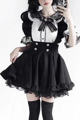Black Solid Color Ruffle Lace Jirai Kei Japanese Strap Dress - Black - 1