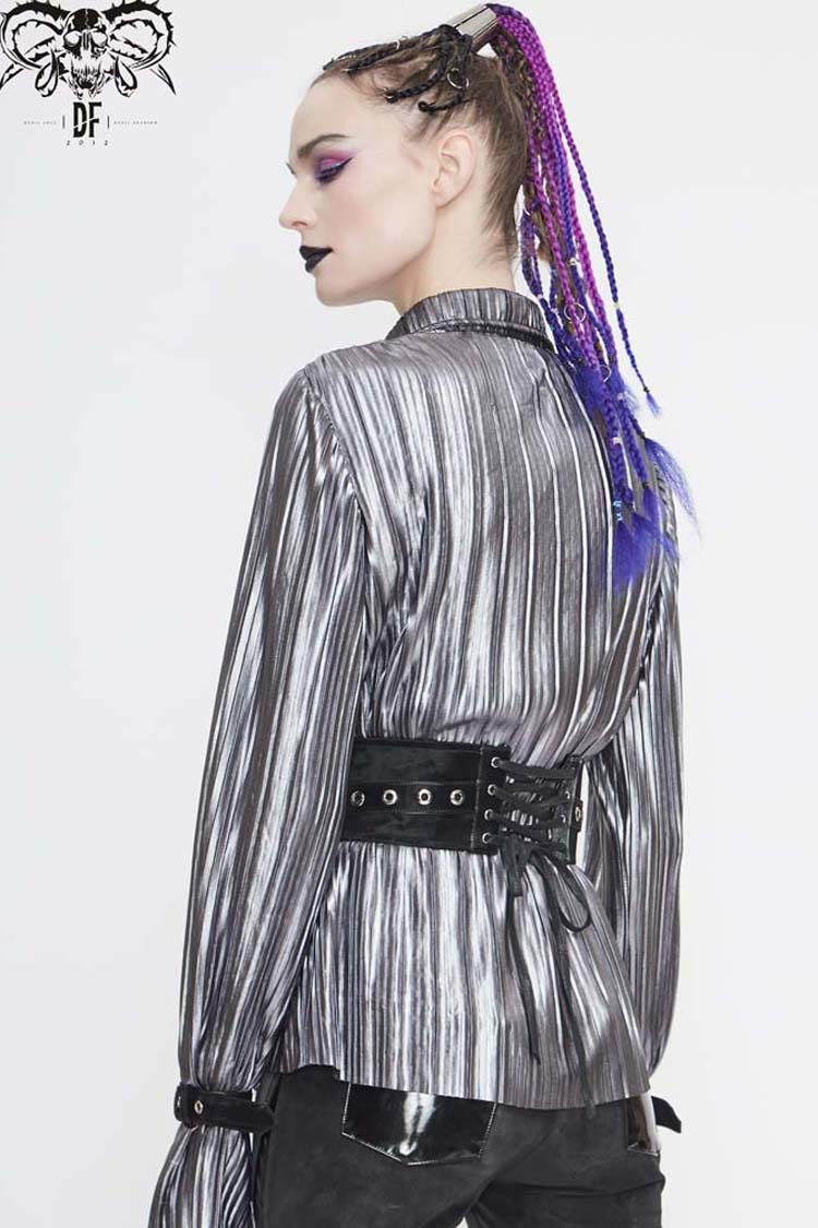 Silver Metal Buckles CuffPleated Pointed Collar Leather Loops Punk Shirt - Product - 9
