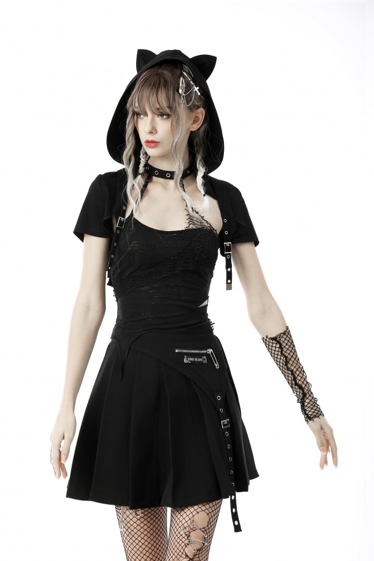 Black Short Sleeves Lace-Up Buckled Women's Punk Cat Ear Hooded Short Cape - Product - 5