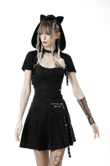 Black Short Sleeves Lace-Up Buckled Women's Punk Cat Ear Hooded Short Cape - Product - 5
