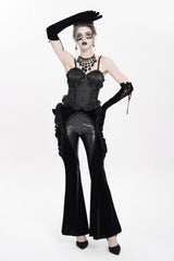 Black Ruffled Spliced Women's Gothic Floral Faux Leather&Velvet Ruffle Pants - Product - 5