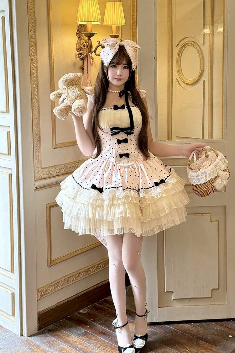 Pink [Polka Dot Waltz] Square Collar Flutter Sleeves Triple-Layered Printed Ruffled Bow Sweet Lolita Jsk Dress - Product - 5