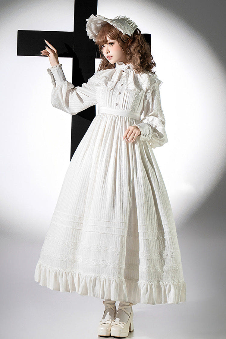 White [Quiet Place] Long Sleeves Jacquard Ruffle Embroidery Bowknot Gothic Lolita Dress - White - 1