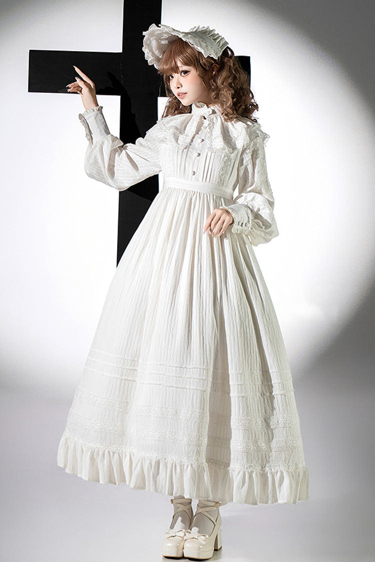 White [Quiet Place] Long Sleeves Jacquard Ruffle Embroidery Bowknot Gothic Lolita Dress - White - 1