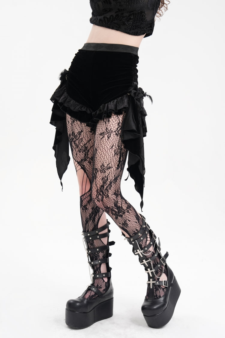 Black Plumed Ruffle Mesh Women's Gothic Shorts - Product - 4