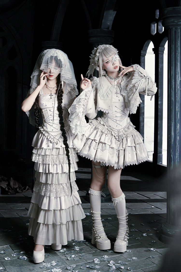 Solid Color [Bionic Doll] Square Collar Multi-Layered Ruffle Bowknot Lace-Up Gothic Lolita Fishtail Skirt Corset Set - Product - 14