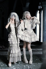 Solid Color [Bionic Doll] Square Collar Multi-Layered Ruffle Bowknot Lace-Up Gothic Lolita Fishtail Skirt Corset Set - Product - 14
