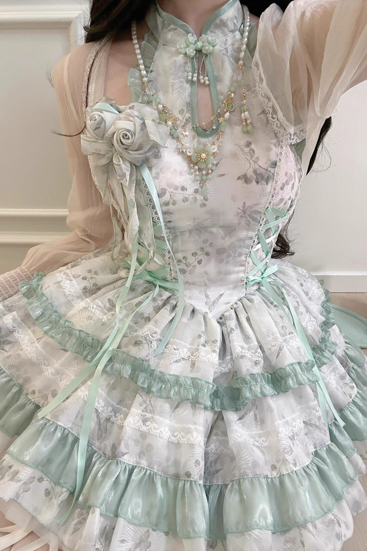 Peach Moon Bamboo Halterneck Multi-layer Print Ruffle Sweet Chinese Style Lolita Dress 2 Colors - Product - 8