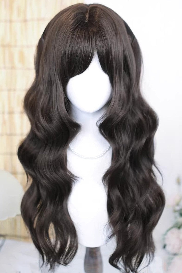 Espresso Brown Side-Swept Bangs with Big Waves Sweet Lolita Wig - Espresso-Brown - 1