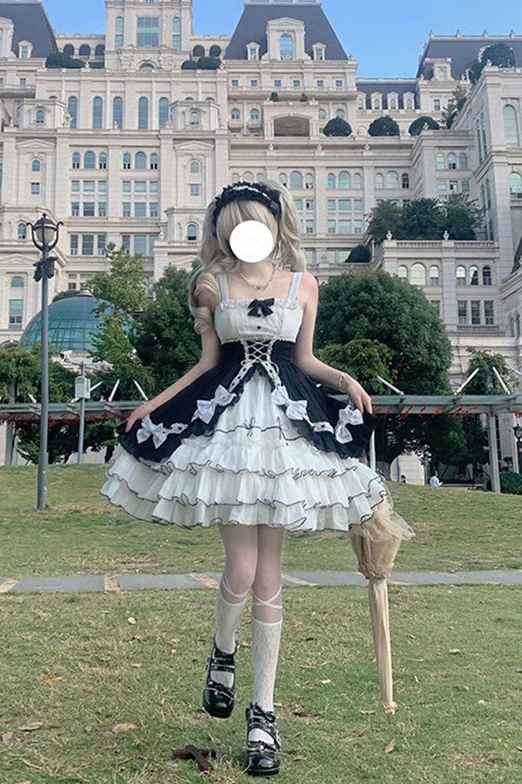 White/Black Multi-layer Ruffle Cardigan Bowknot Sweet Princess Lolita Jsk Dress - Product - 3