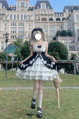 White/Black Multi-layer Ruffle Cardigan Bowknot Sweet Princess Lolita Jsk Dress - Product - 3