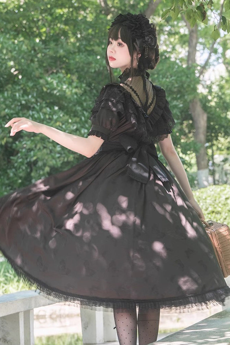 Black Daisy Print Cherry Embroidery Edwardian Collar Short Sleeves Gothic Lolita Dress - Product - 4