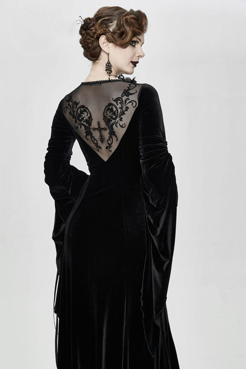 Black Flocking Pattern Trumpet Sleeve Sexy Womens Gothic Fitted Velvet Dress - Product - 6