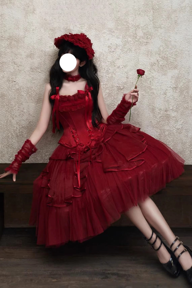 Red [The Summer Waves Sparkle] Square Collar Sleeveless Multi-Layered Ruffled Bow Lace-Up Slim Classic Lolita Skirt Set - Product - 17