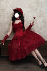 Red [The Summer Waves Sparkle] Square Collar Sleeveless Multi-Layered Ruffled Bow Lace-Up Slim Classic Lolita Skirt Set - Product - 17