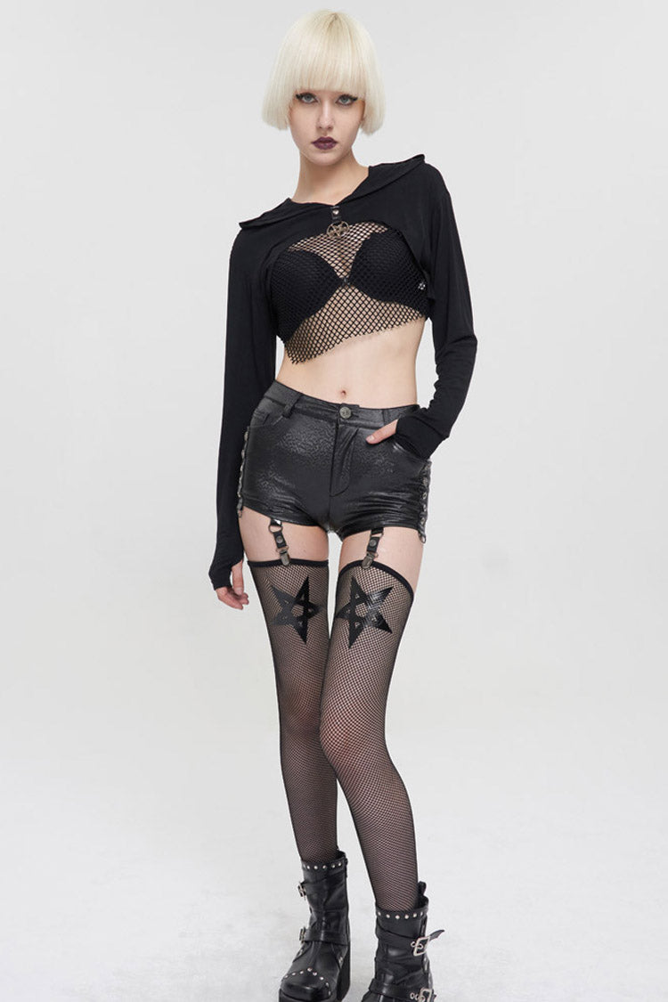 Black Punk Long Sleeve Knitted Chest Mesh Perspective Back Drawstring Adjustment Hoodie Women's Shirt - Product - 9