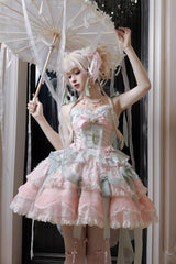 Pink/Green [Summer Lotus Breeze] Sleeveless Double-Layered Ruffled Bow Lace-Up Sweet Chinese Style Ballet Lolita Jsk Dress - Pink/Green - 1