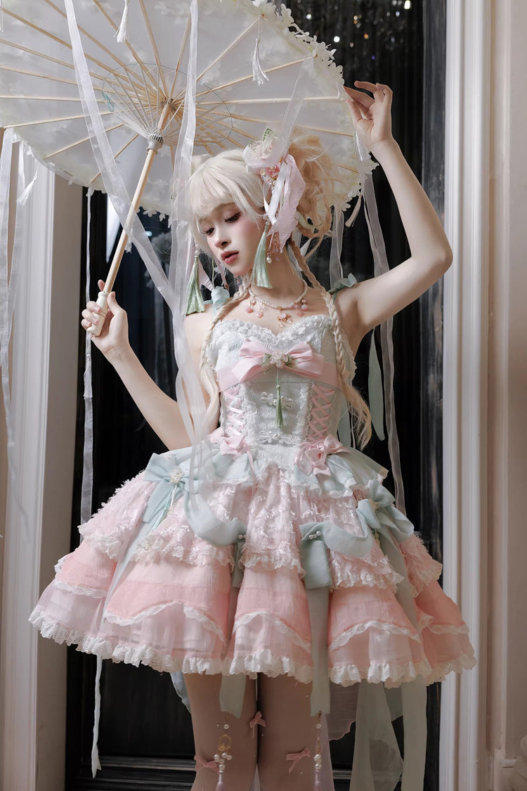 Pink/Green [Summer Lotus Breeze] Sleeveless Double-Layered Ruffled Bow Lace-Up Sweet Chinese Style Ballet Lolita Jsk Dress - Pink/Green - 1