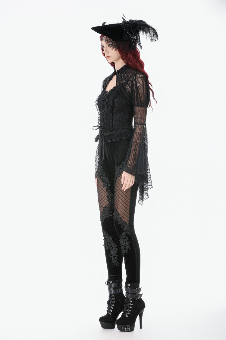 Black Women's Gothic Floral Decal Fishnet Mesh Patchwork Velvet Leggings - Product - 9