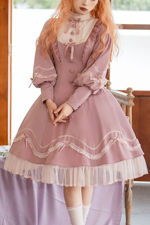 Alice Girl Andrea Solid Bowknot Long Sleeves Ruffled Sweet Lolita OP Dress 3 Colors - Pink - 1