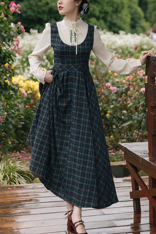 Dark Green Vintage Plaid Print Embroidery Fake Two Pieces High Waisted Classic Lolita Dress - Green - 1