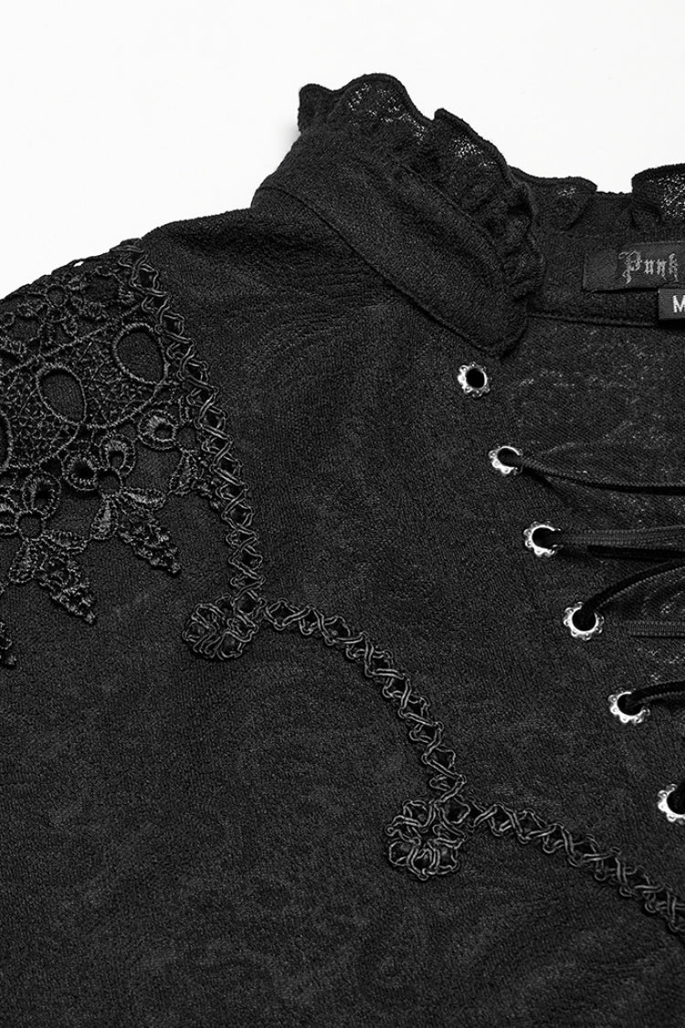Black V Collar Long Sleeves Jacquard Embroidery Men's Gothic Blouse - Product - 6