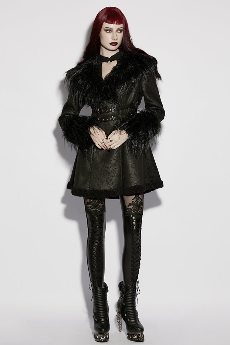 Black Plush Lapel Collar Long Sleeves Buckle Straps Women's Gothic Coat - Product - 4
