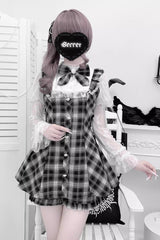 [Feather Ode] Jirai Kei Stand Collar Long Sleeves Ruffled Bow Lace Sweet Japanese Dress Shorts Set 2 Colors - Product - 4