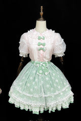 [Wave Candy] Triple-Layered Print Ruffle Bowknot Sweet Lolita Skirt 3 Colors - Green - 2