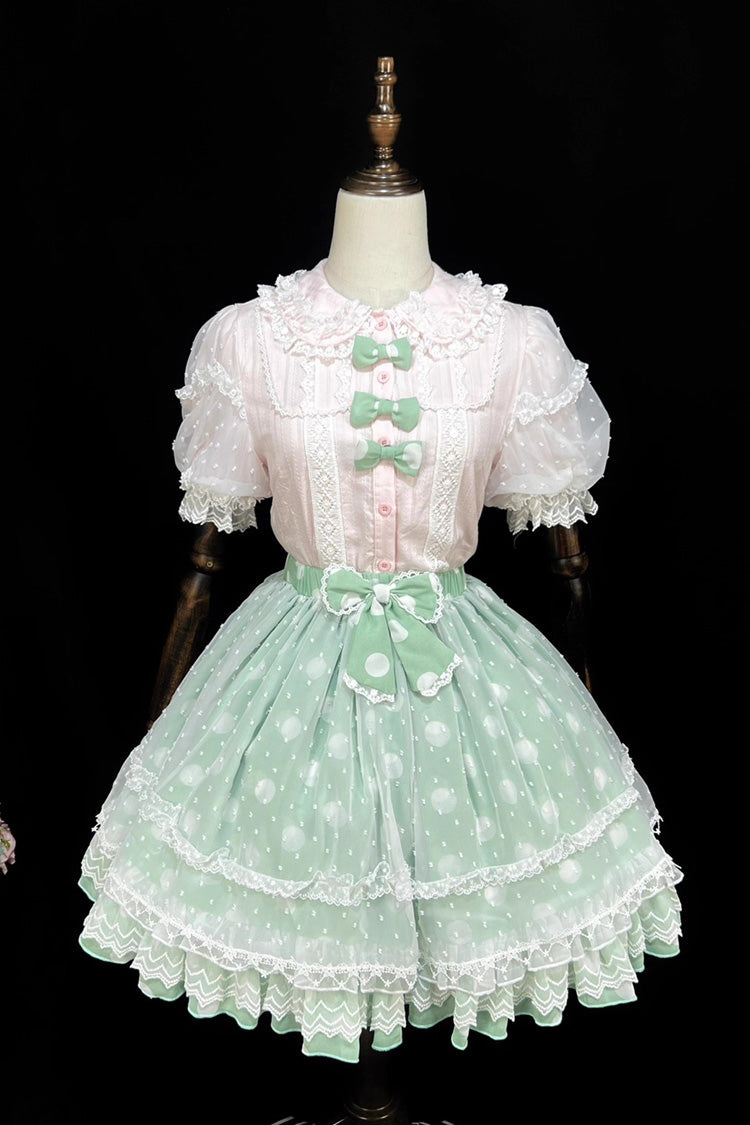 [Wave Candy] Triple-Layered Print Ruffle Bowknot Sweet Lolita Skirt 3 Colors - Green - 2
