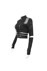 Black Ruched Strap Splice Mesh Long Sleeves Women's Gothic Shirt - Product - 7