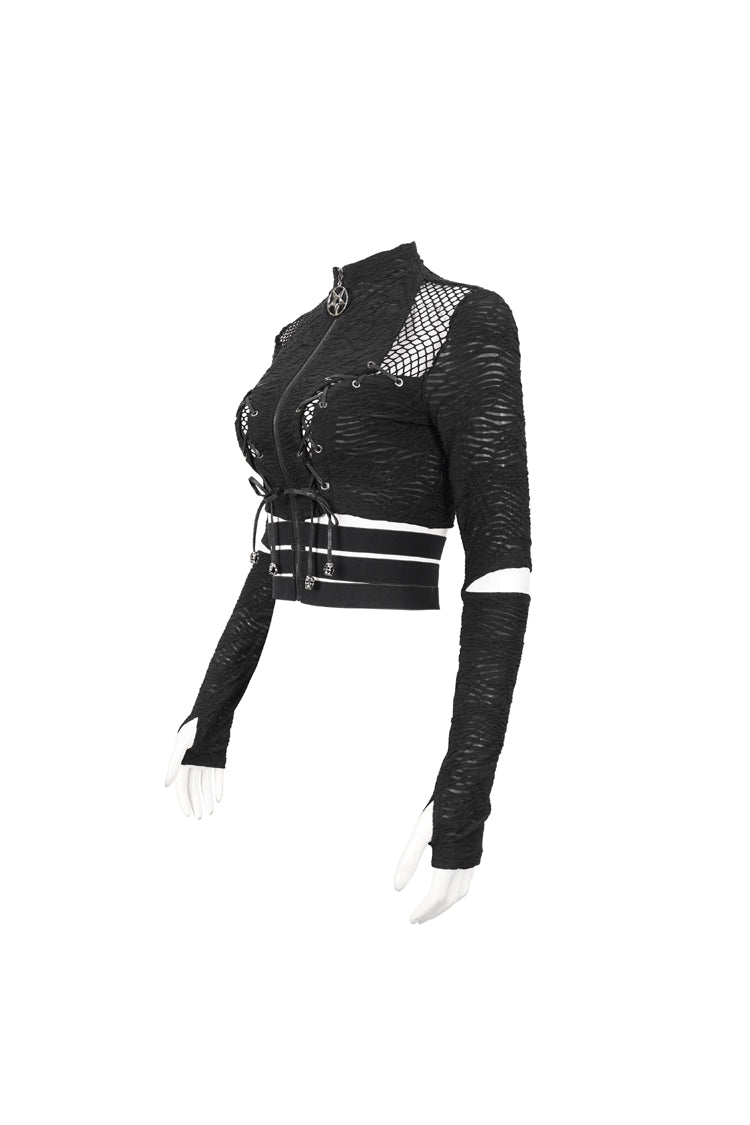 Black Ruched Strap Splice Mesh Long Sleeves Women's Gothic Shirt - Product - 7