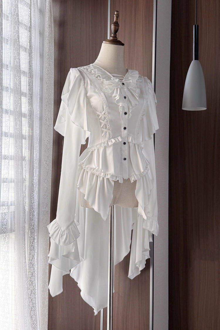 [Echoes of the Deep Sea] Long Hime Sleeves Ruffled Bow Lace-Up Gothic Ouji Lolita Blouse 4 Colors - White - 1